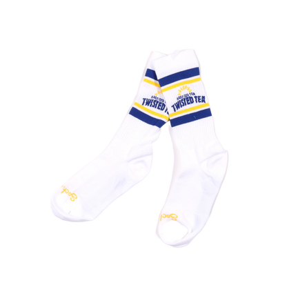 White socks with blue and yellow accents on a white background