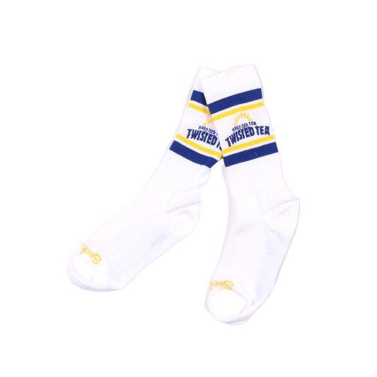 White socks with blue and yellow accents on a white background