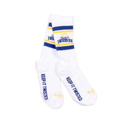 White socks with blue and yellow accents featuring 'Twisted Tea' branding on a white background.