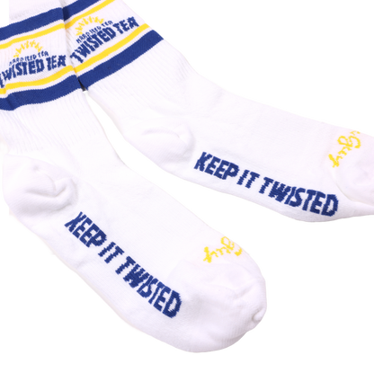 White socks with 'Keep It Twisted' text and brand logo on a white background