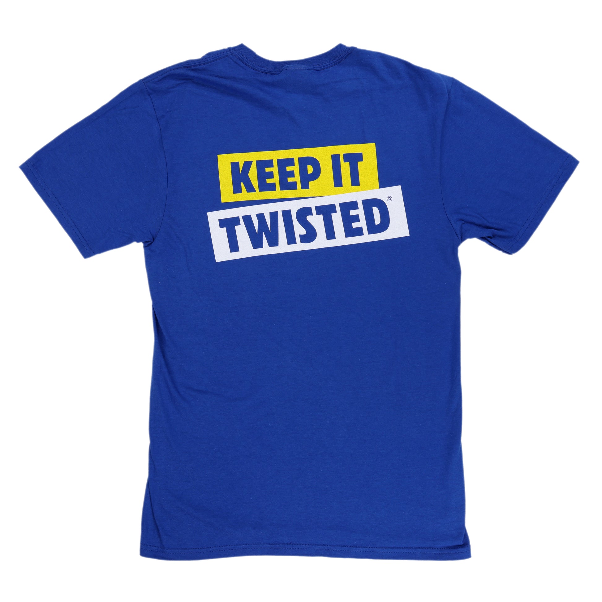 Blue t-shirt with 'KEEP IT TWISTED' text on a white background