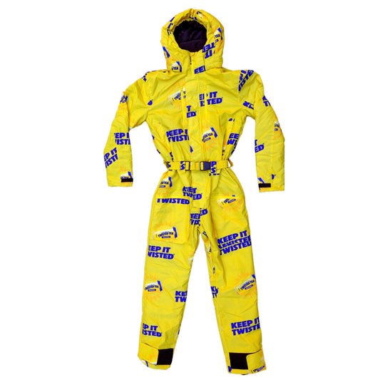 Yellow snowsuit covered in blue writing "Keep it Twisted" and twisted tea cans.