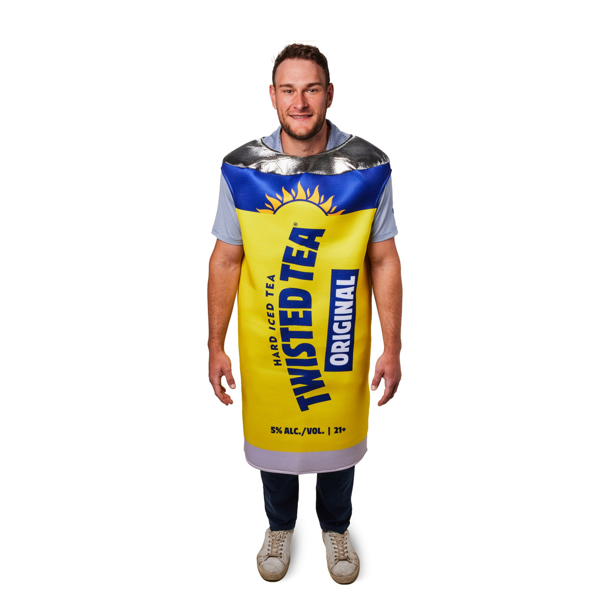 A man modeling a novelty costume designed to look like a Twisted Tea Original iced tea can, featuring a yellow body with blue and silver details, worn over a gray t-shirt and dark jeans.