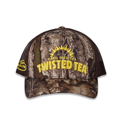 A brown and black camouflage trucker hat with yellow embroidered text reading 'TWISTED TEA' and 'HARD ICED TEA' on the front, plus a small  logo on the side, shown on a plain white background.