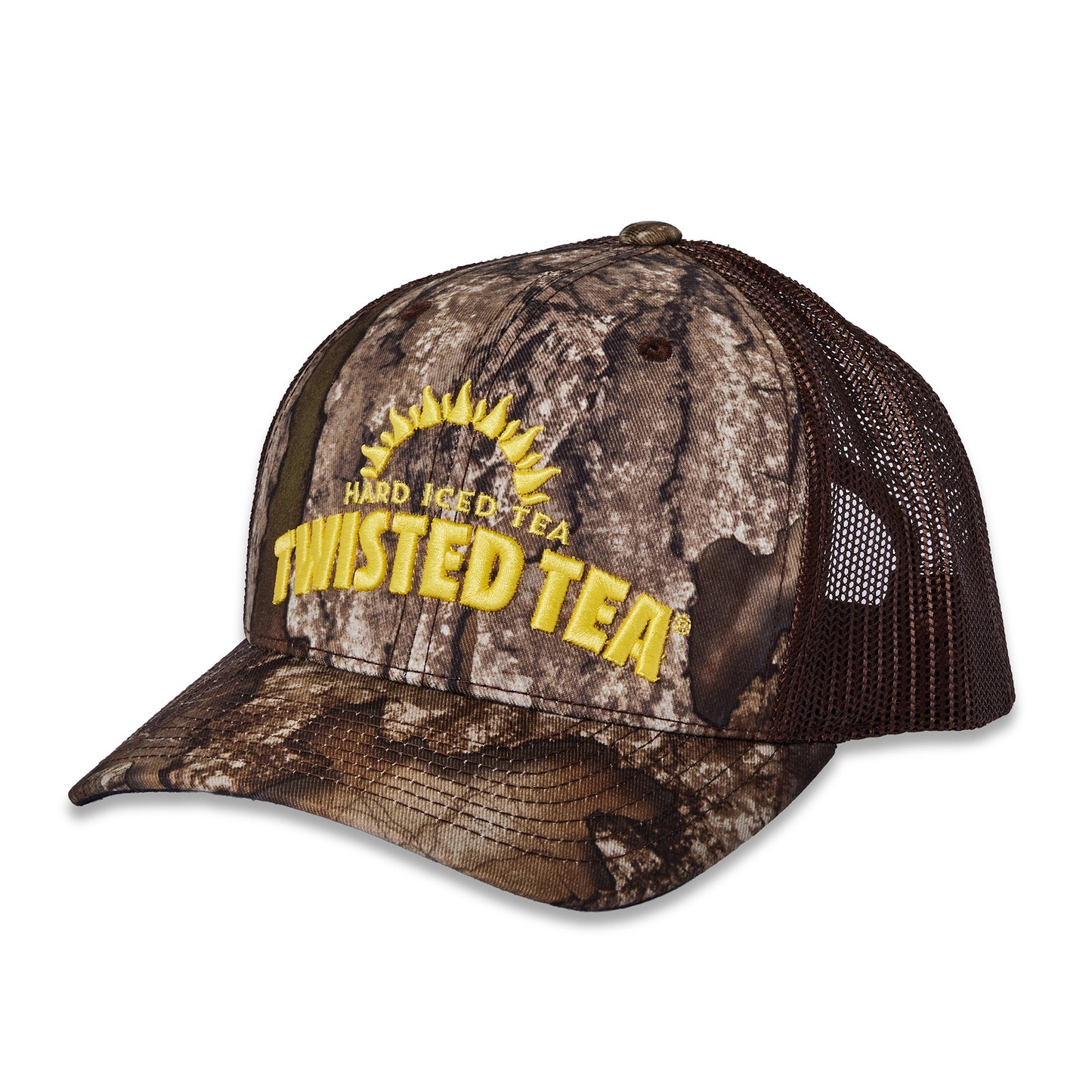 A camouflage trucker hat with a yellow embroidered logo reading 'Twisted Tea' and 'Hard Ice Tea' on the front, set against a plain white background.