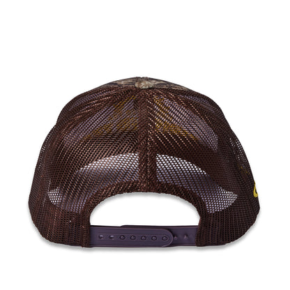 Rear view of a brown mesh trucker cap with a dark brown snapback closure and a small yellow embroidered logo on the side, set against a plain white background.