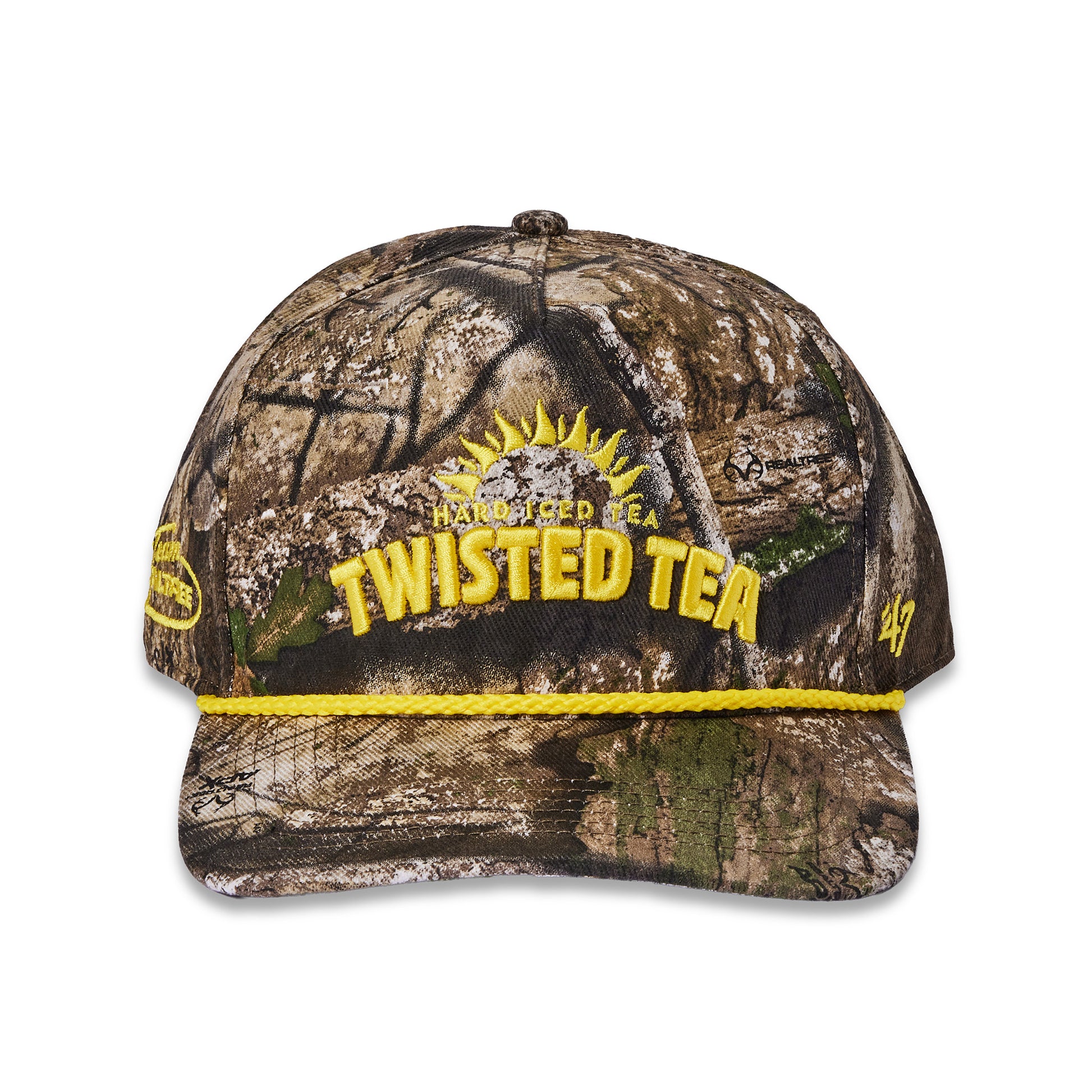A camouflage baseball cap featuring a yellow embroidered logo that reads 'Twisted Tea' with a sun graphic, a yellow embroidered '47' on the side, and a yellow embroidered side patch reading 'Twisted Tea'.