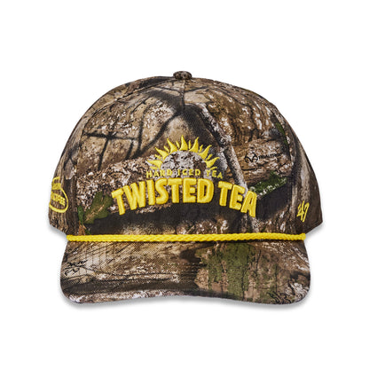 A camouflage baseball cap featuring a yellow embroidered logo that reads 'Twisted Tea' with a sun graphic, a yellow embroidered '47' on the side, and a yellow embroidered side patch reading 'Twisted Tea'.