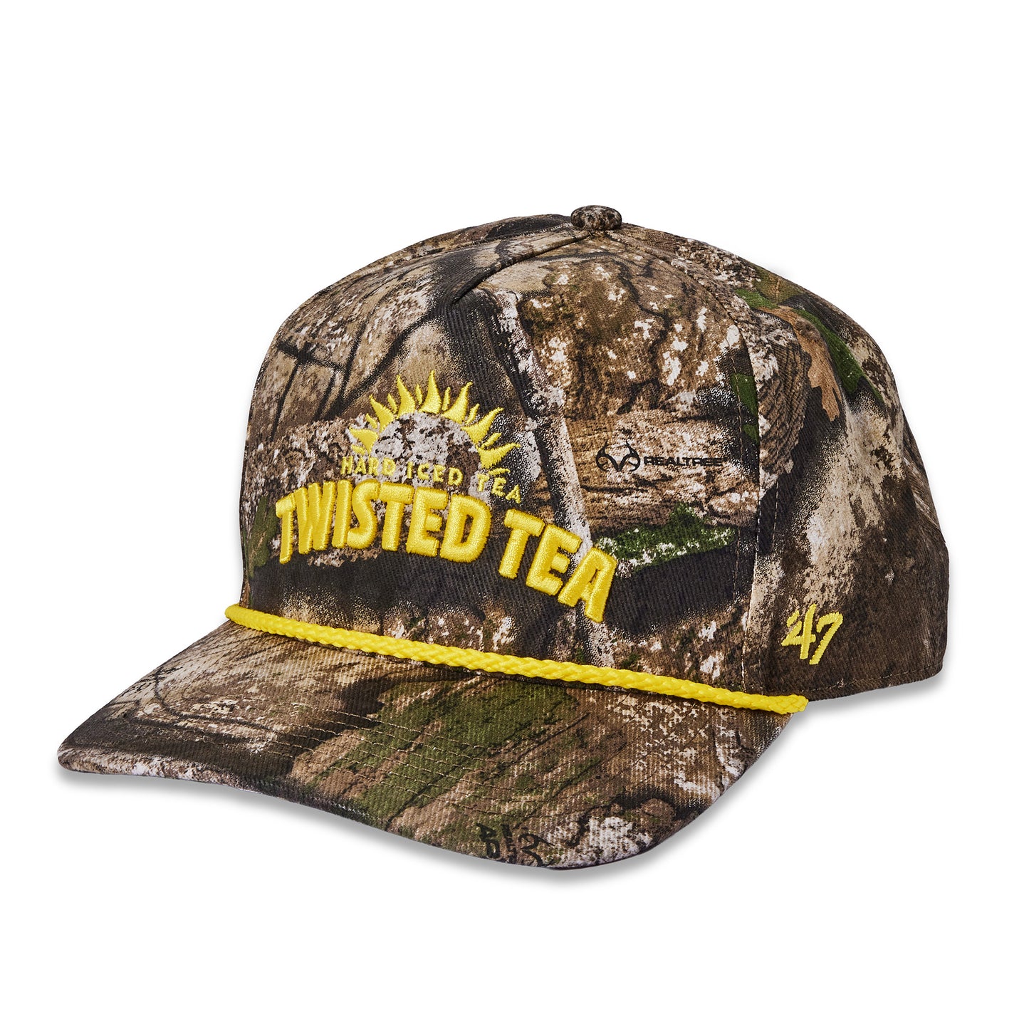 A camouflage baseball cap with a yellow embroidered logo reading 'Twisted Tea' and a yellow rope detail across the brim, shown on a plain white background.