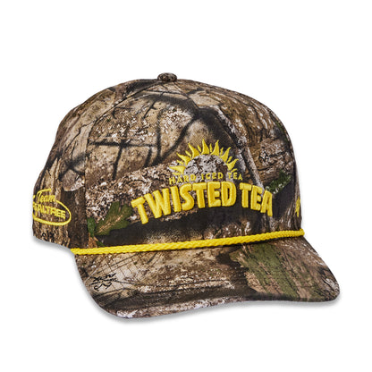 A camouflage baseball cap featuring a yellow rope detail across the brim and a yellow embroidered logo that reads 'Twisted Tea' 