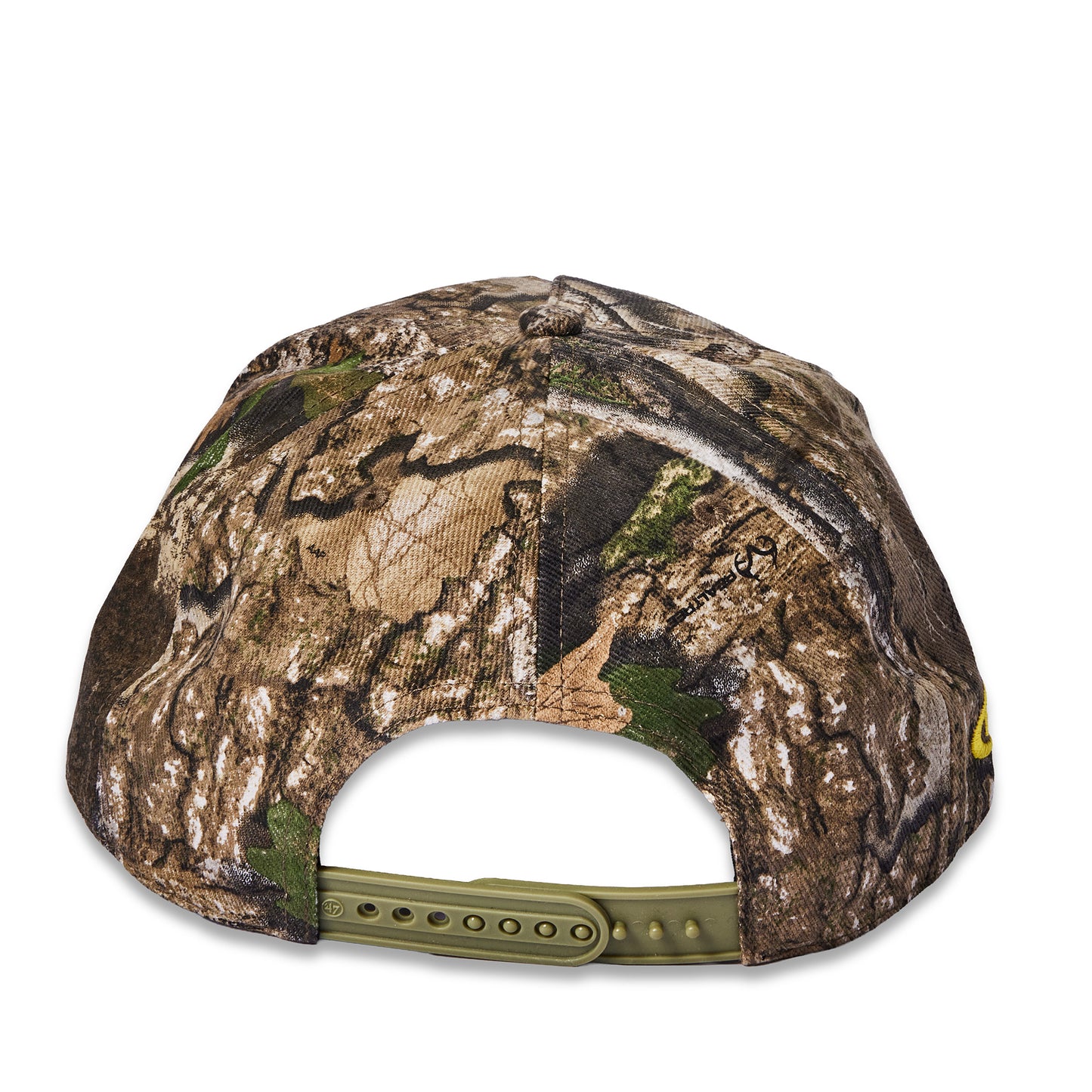 Rear view of a camouflage snapback cap with an olive green adjustable strap on a white background.