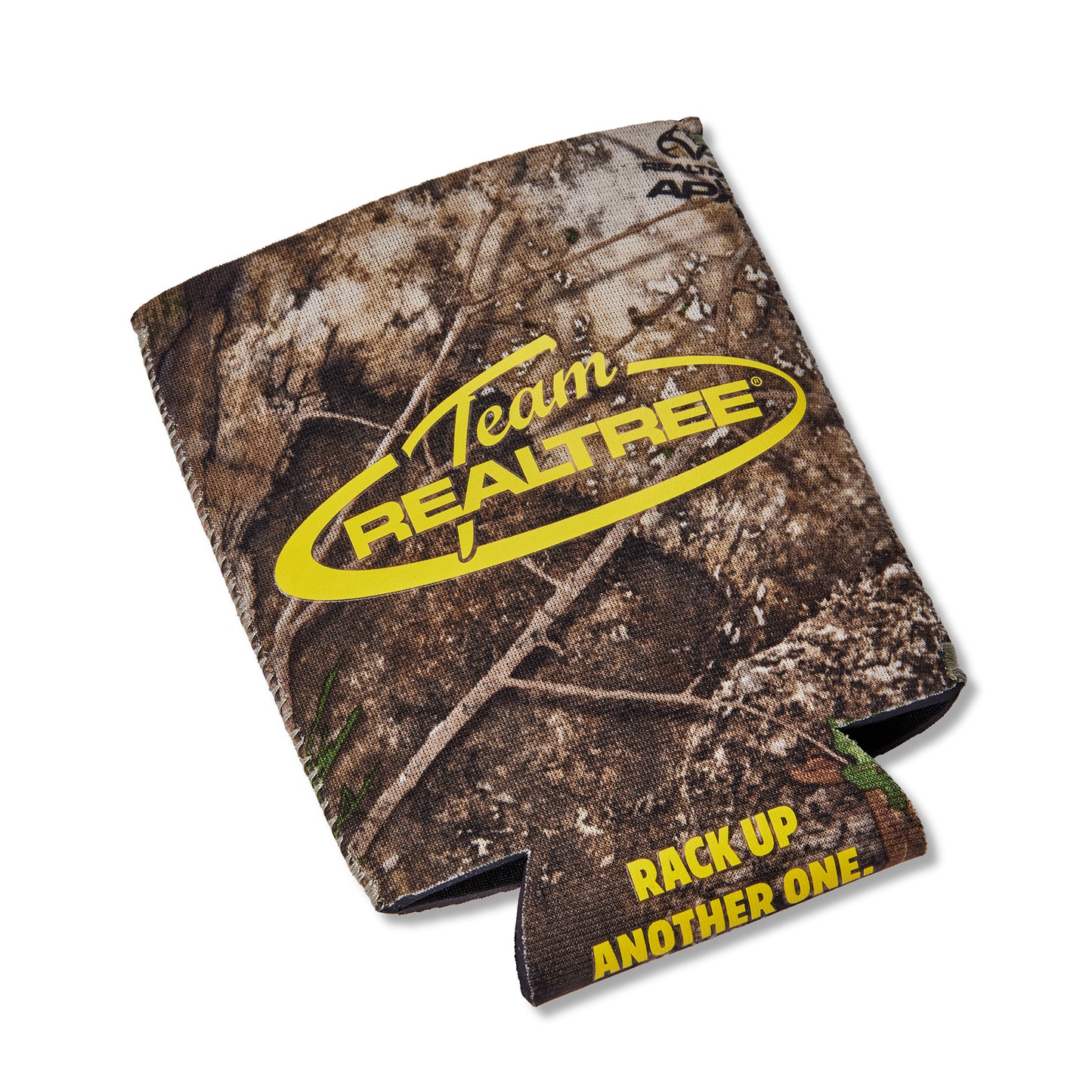 A Realtree-branded foam can cooler featuring a brown and beige woodland camouflage pattern with a bright yellow 'Team REALTREE' logo and the phrase 'RACK UP ANOTHER ONE' in yellow on the lower flap.