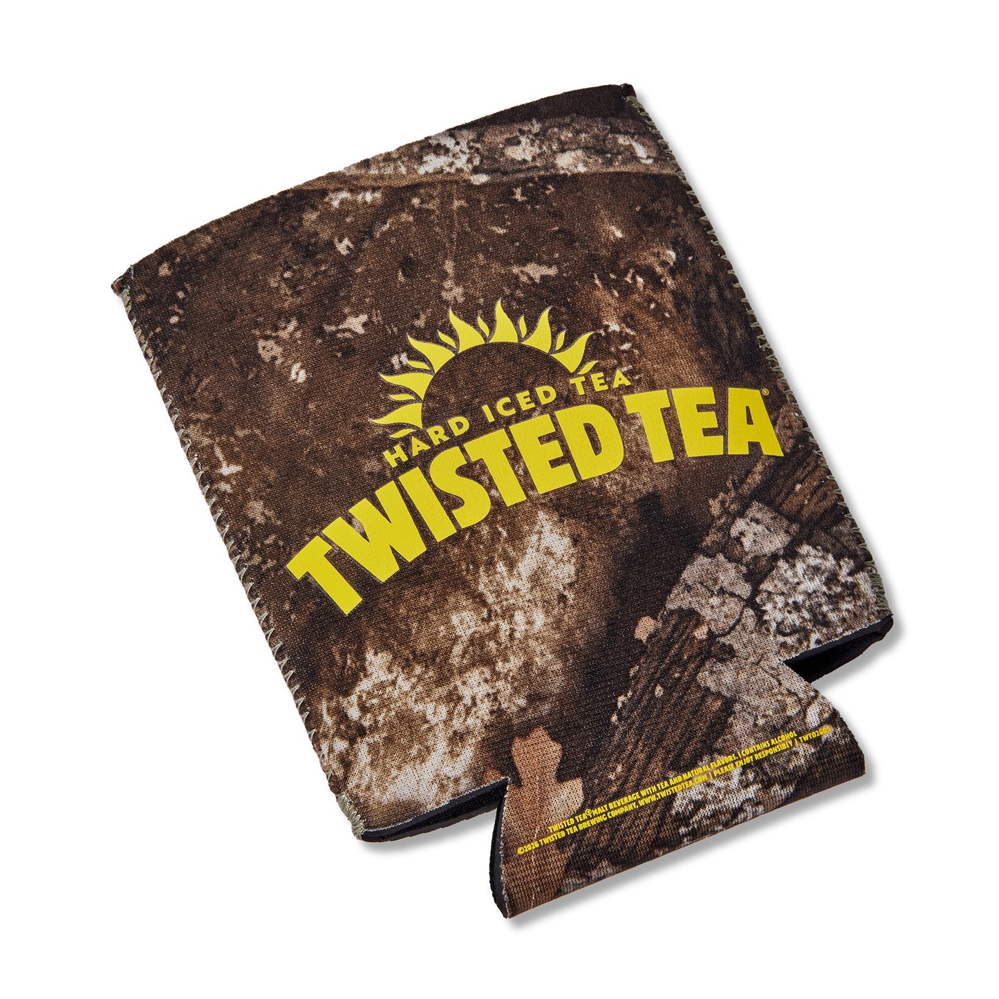 A brown camouflage can cooler featuring a distressed woodland pattern and bold yellow text that reads 'HARD ICED TEA TWISTED TEA' on a white background.