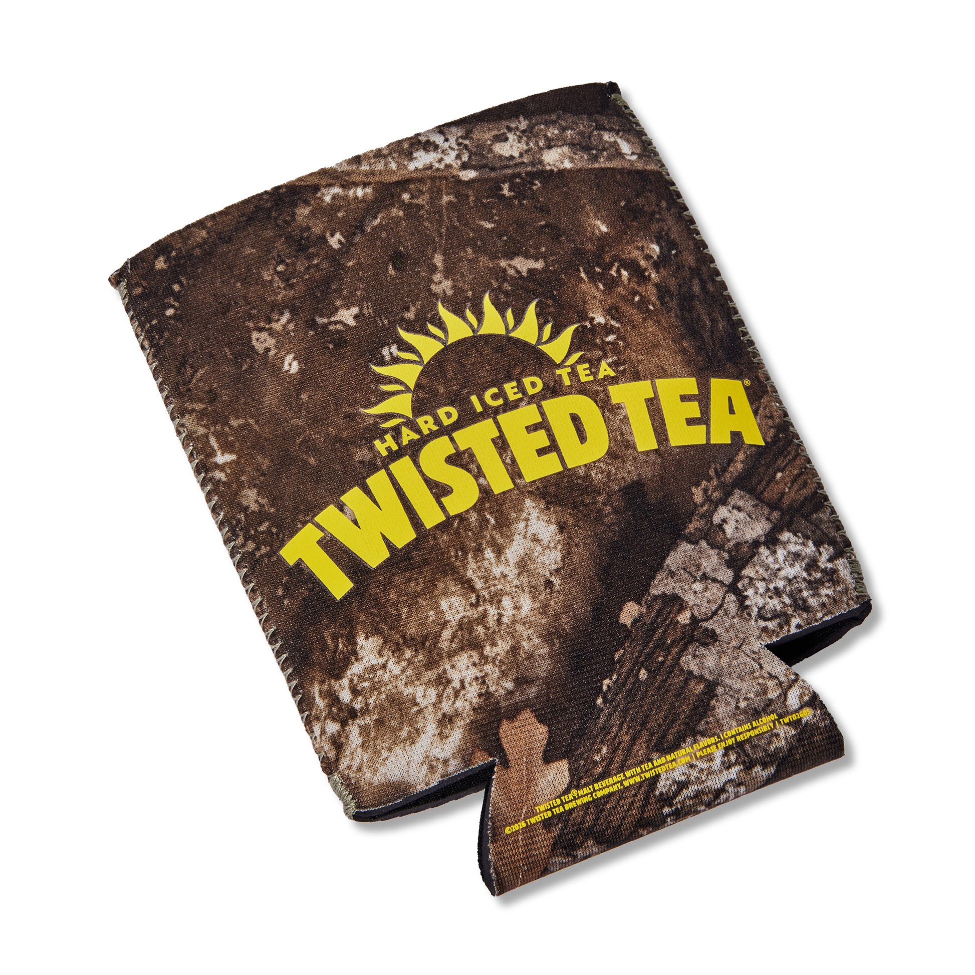 A brown camouflage can cooler featuring a distressed woodland pattern and bold yellow text that reads 'HARD ICED TEA TWISTED TEA' on a white background.