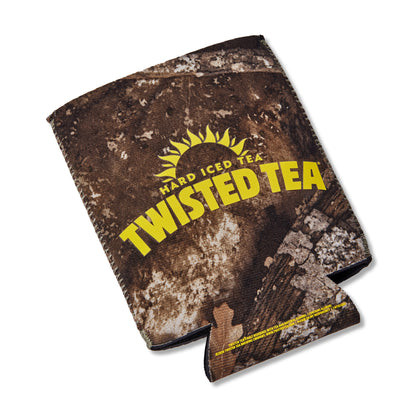 A brown camouflage can cooler featuring a distressed woodland pattern and bold yellow text that reads 'HARD ICED TEA TWISTED TEA' on a white background.
