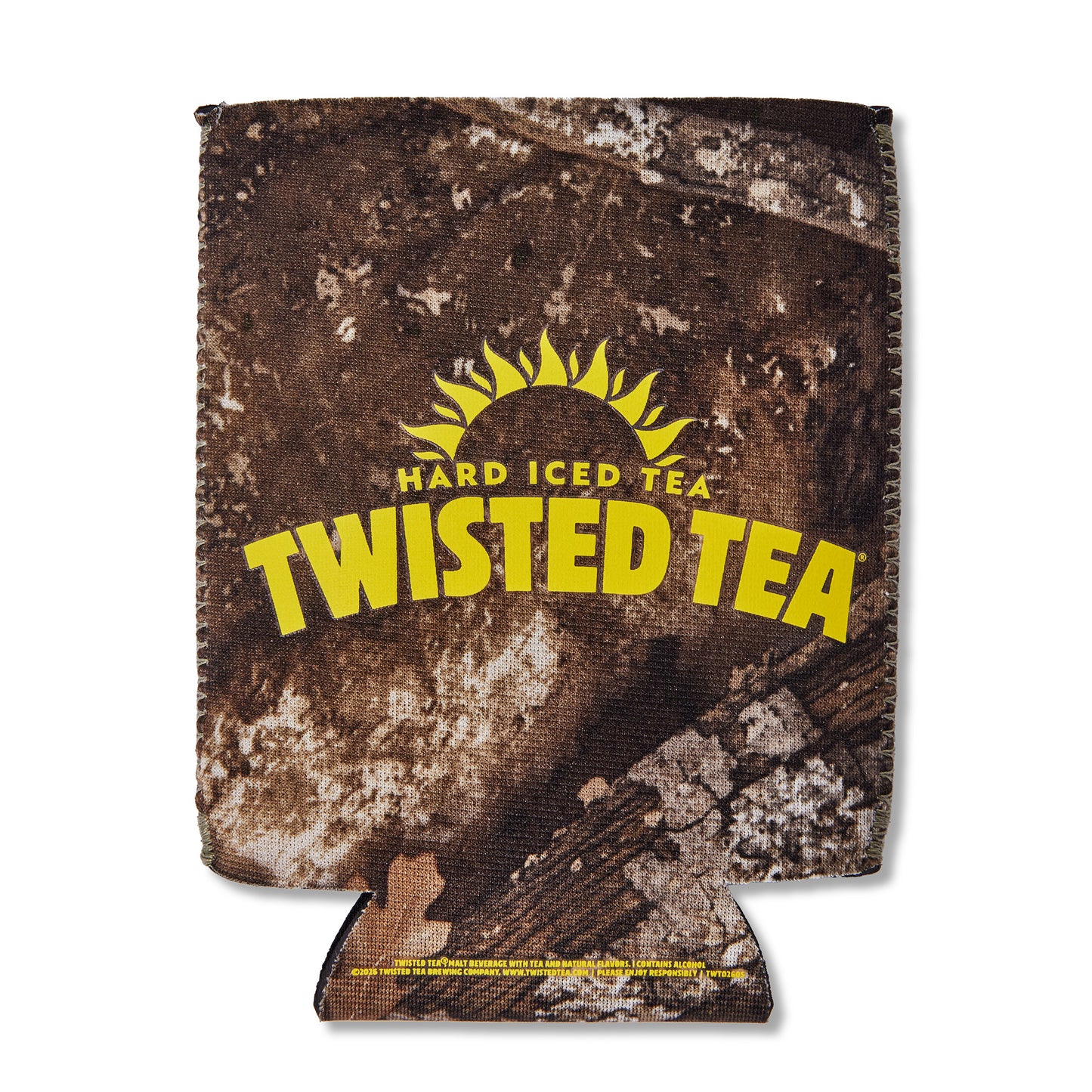 A neoprene can cooler sleeve featuring a brown and beige woodland camouflage pattern with a bold yellow graphic that reads 'HARD ICED TEA TWISTED TEA' on a white background.