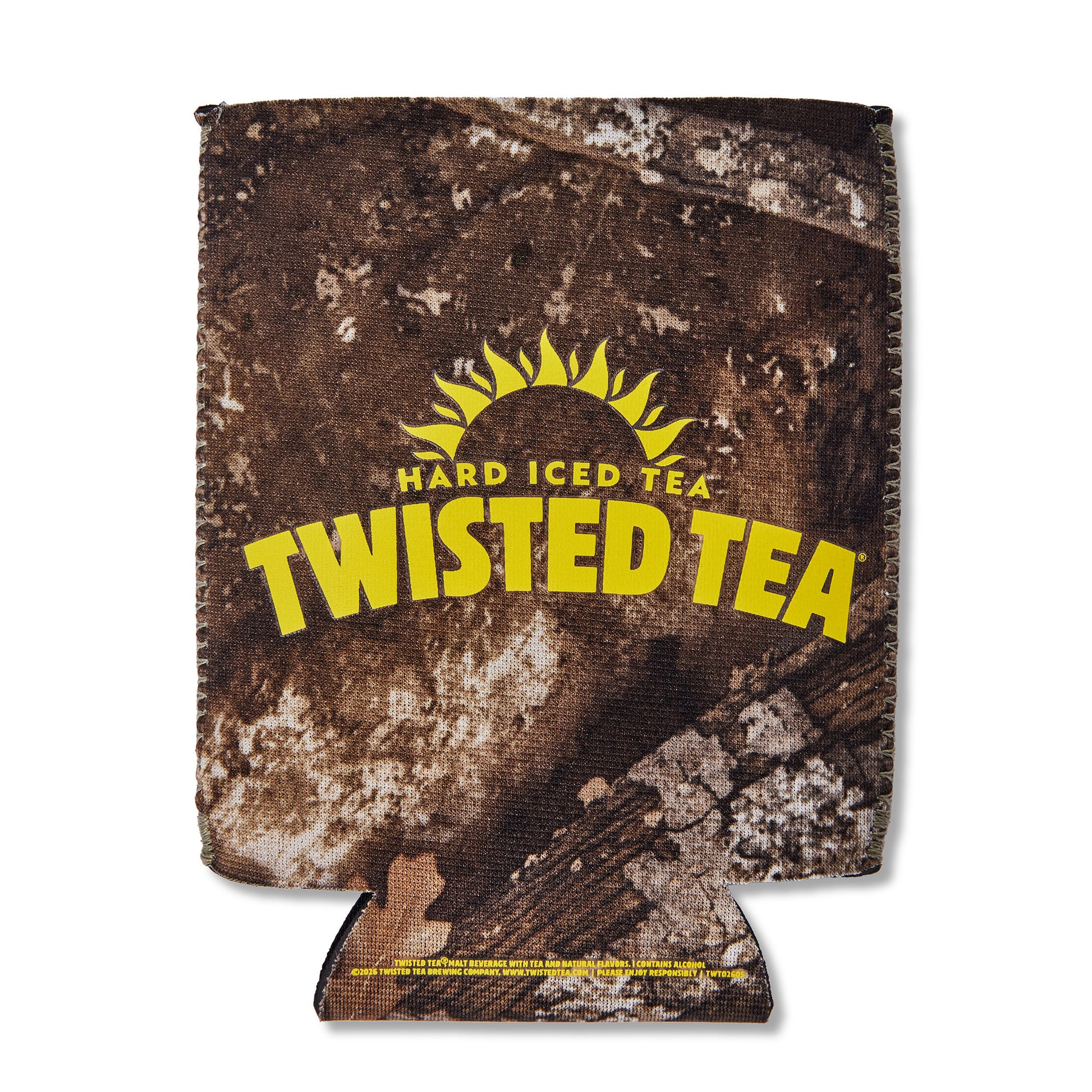 A neoprene can cooler sleeve featuring a brown and beige woodland camouflage pattern with a bold yellow graphic that reads 'HARD ICED TEA TWISTED TEA' on a white background.