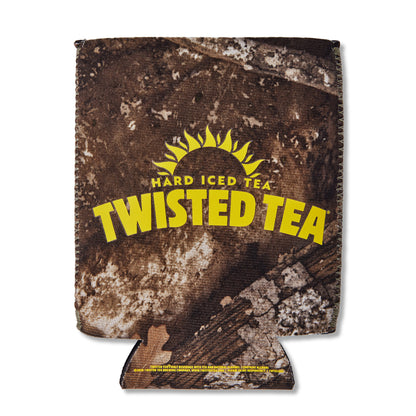 A neoprene can cooler sleeve featuring a brown and beige woodland camouflage pattern with a bold yellow graphic that reads 'HARD ICED TEA TWISTED TEA' on a white background.