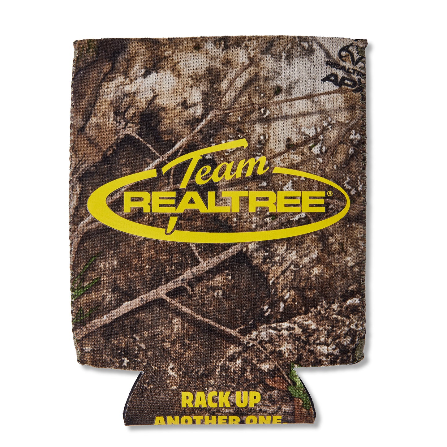A Realtree camouflage can cooler featuring a bright yellow 'Team REALTREE' logo on the front and 'RACK UP ANOTHER ONE' printed in yellow at the bottom, shown against a plain white background.