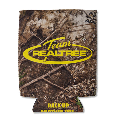 A Realtree camouflage can cooler featuring a bright yellow 'Team REALTREE' logo on the front and 'RACK UP ANOTHER ONE' printed in yellow at the bottom, shown against a plain white background.
