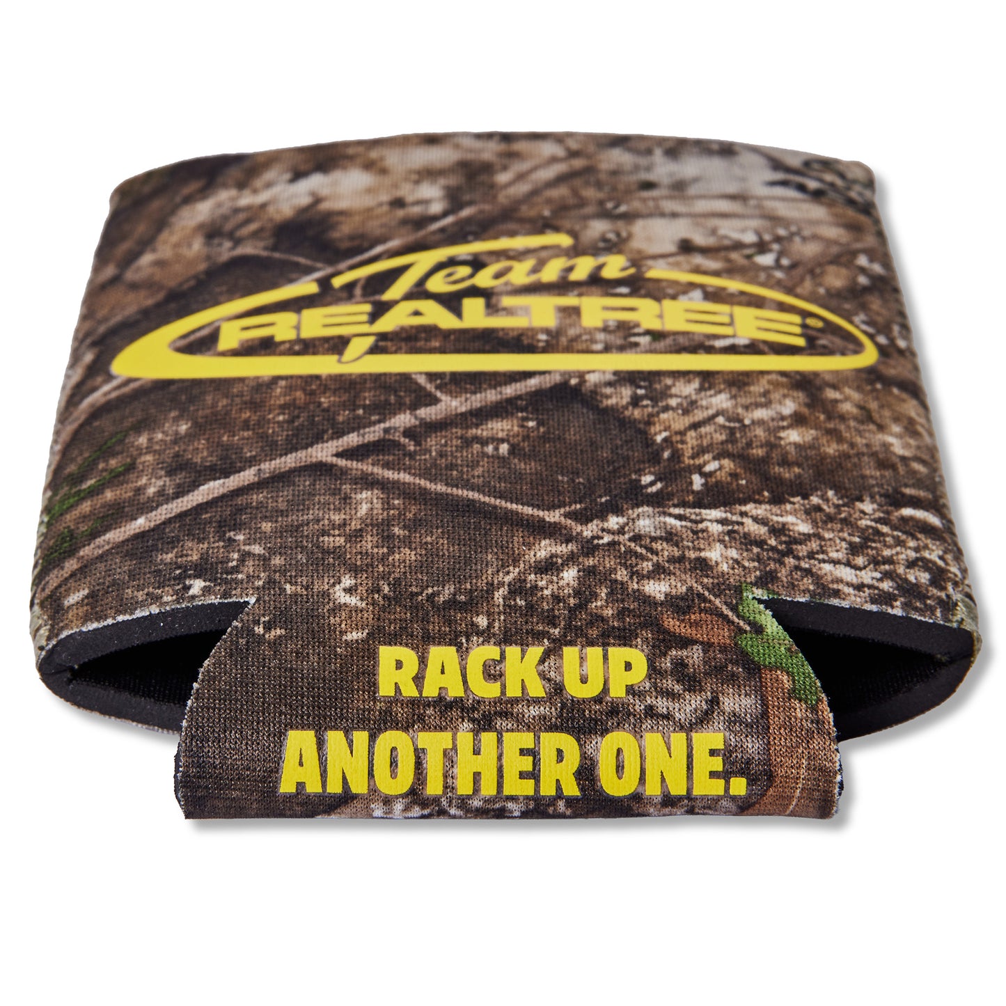 A camouflage can cooler with a woodland tree-bark pattern, featuring a yellow 'Team REALTREE' logo on the top and yellow text reading 'RACK UP ANOTHER ONE.' on the lower flap, shown on a white background.