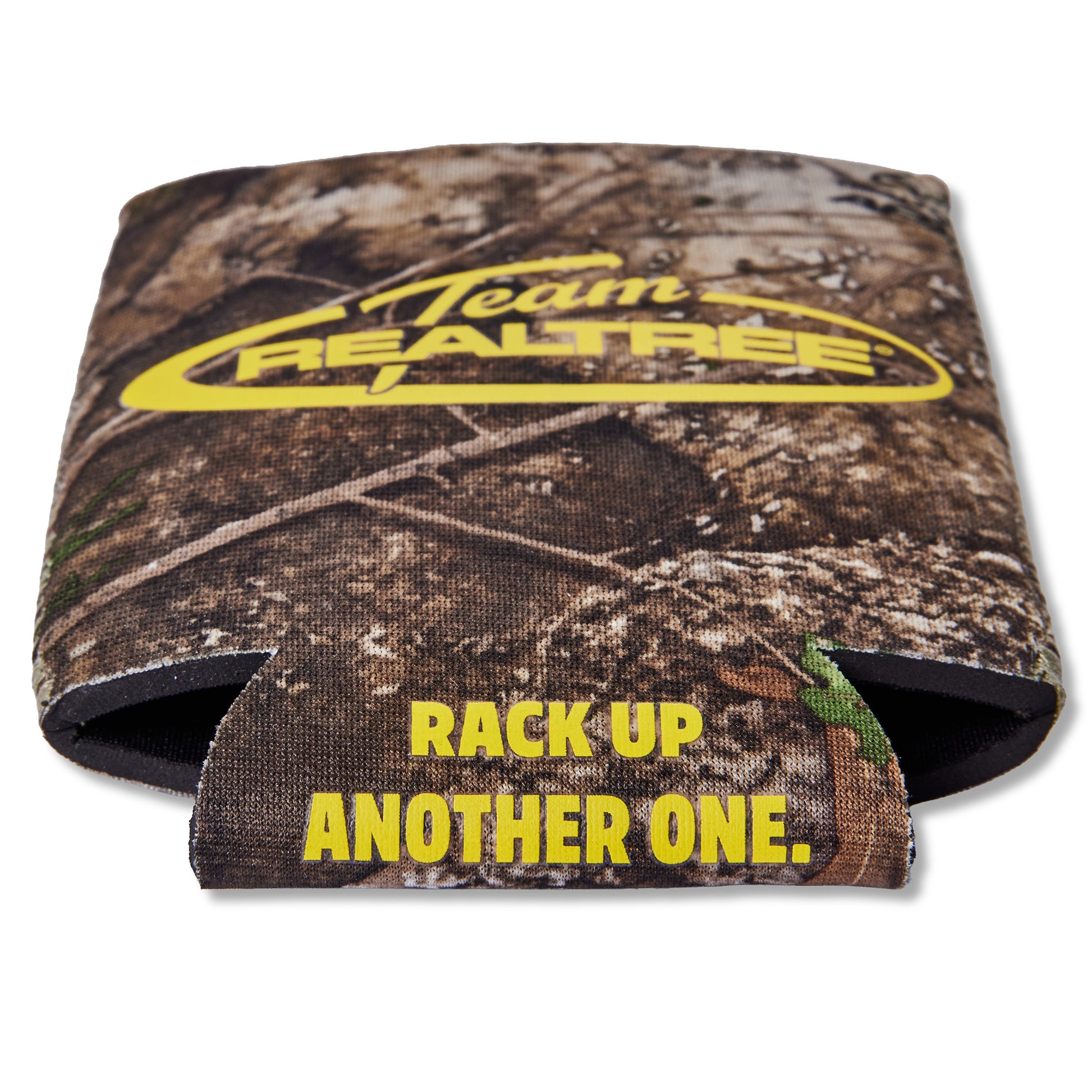 A camouflage can cooler with a woodland tree-bark pattern, featuring a yellow 'Team REALTREE' logo on the top and yellow text reading 'RACK UP ANOTHER ONE.' on the lower flap, shown on a white background.