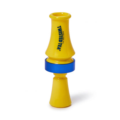 A yellow and blue plastic toy duck call with the brand name 'TWISTED TEA' printed vertically in black on the top section, set against a plain white background.