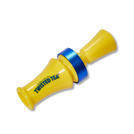 A yellow plastic duck call with a metallic blue collar and the 'Twisted Tea' logo printed in blue on the side, set against a plain white background.