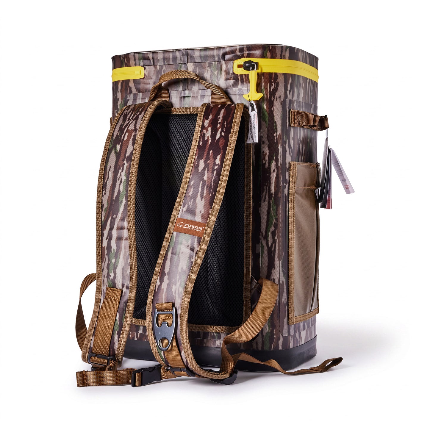 A camouflage backpack cooler shown from the back, featuring a woodland camo pattern, brown padded shoulder straps, a black mesh back panel, and bright yellow zipper pulls on a white background.