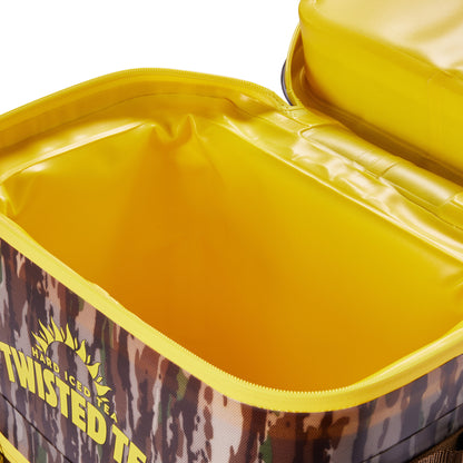 Close-up of an open insulated cooler bag with a bright yellow interior and a camouflage-patterned exterior. The exterior shows the Twisted Tea logo and branding.