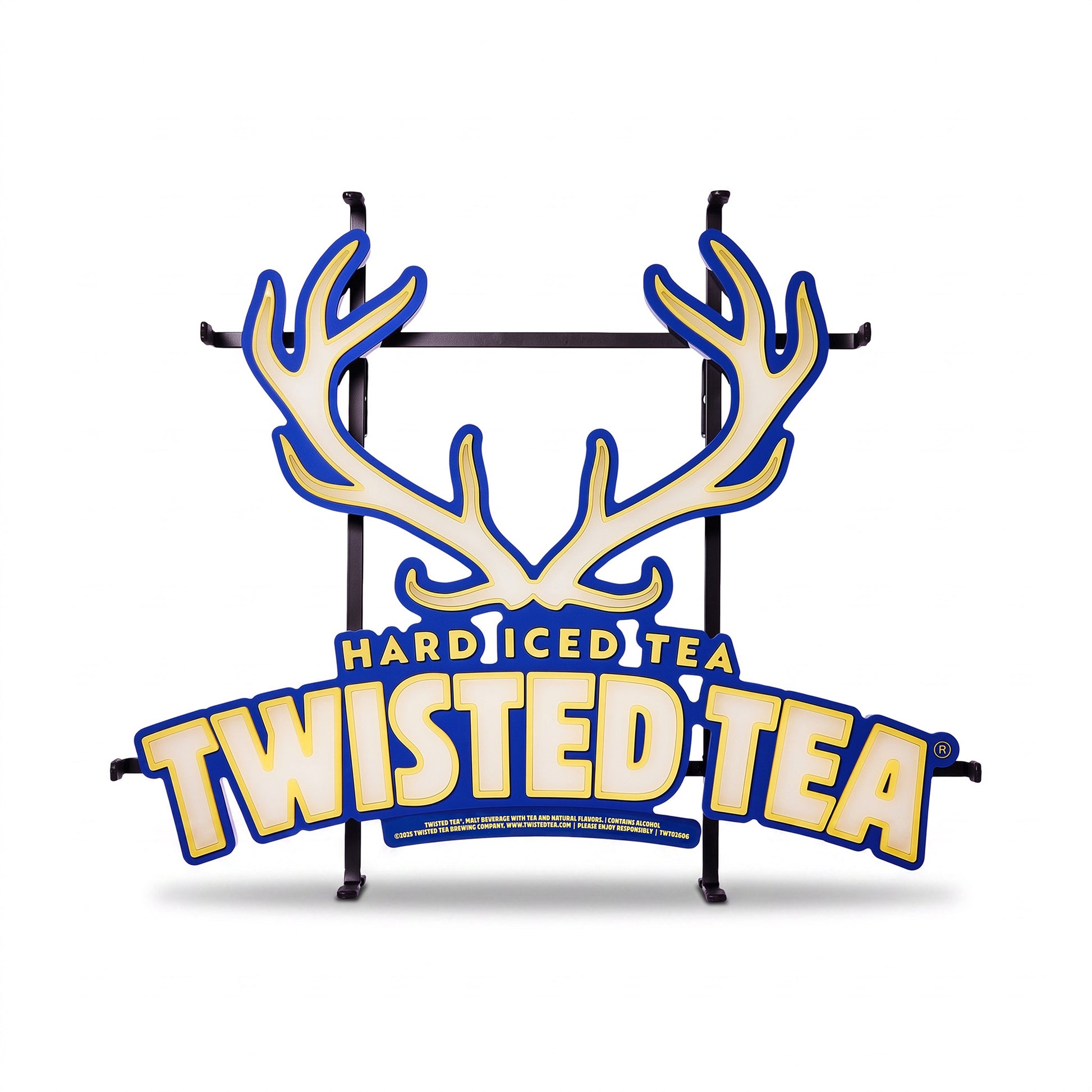 Twisted Tea Hard Iced Tea sign on a black metal stand, featuring a large cream antler graphic and bold yellow lettering outlined in blue on a white background.