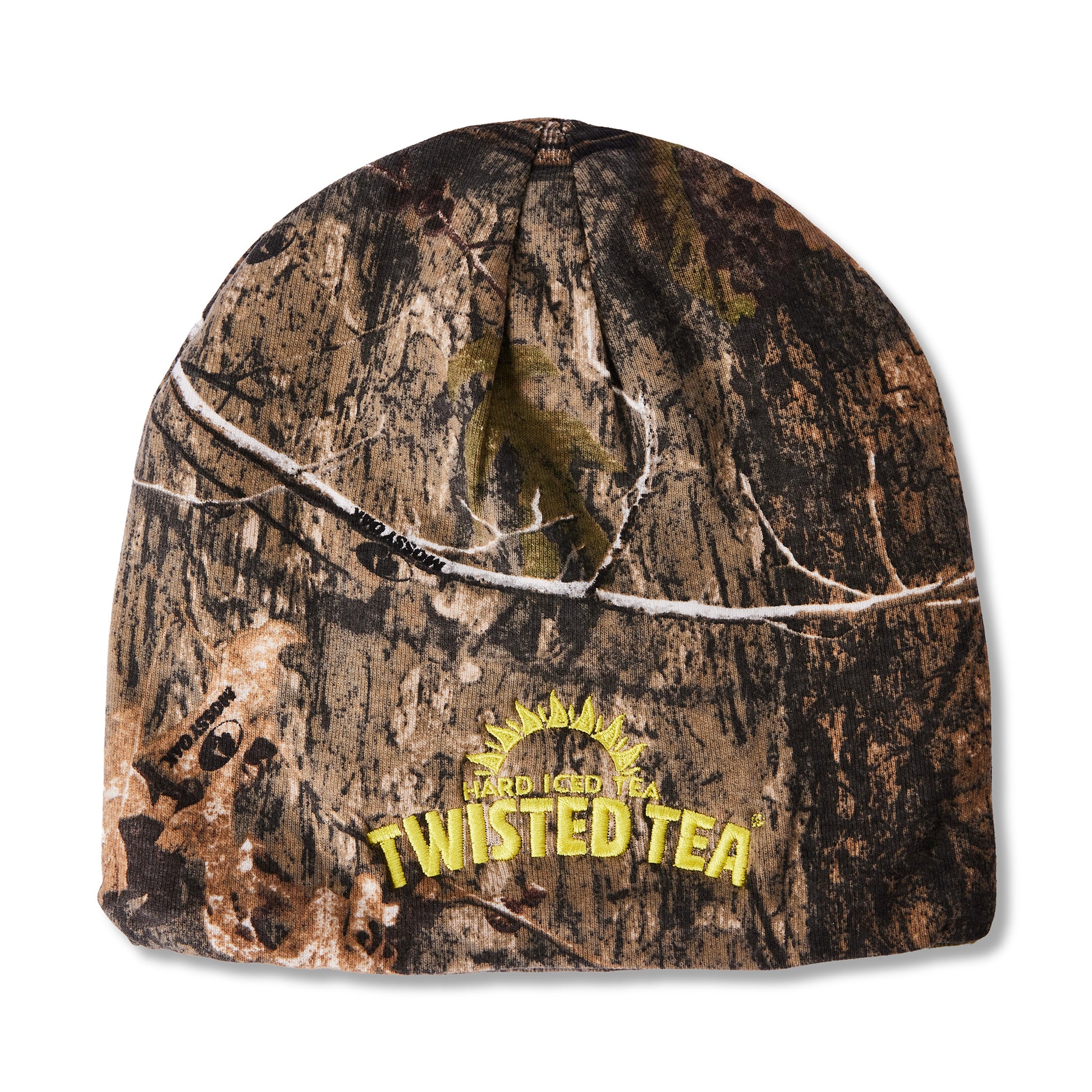 A camouflage beanie hat featuring a brown and black tree bark pattern with a yellow embroidered 'Twisted Tea' logo on the front, set against a plain white background.