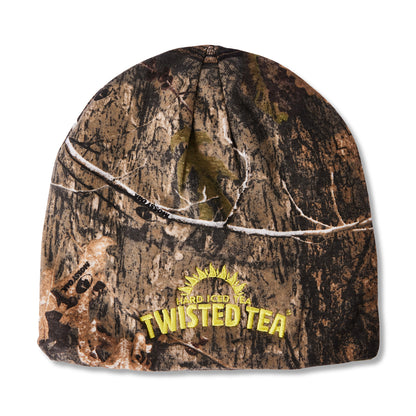 A camouflage beanie hat featuring a brown and black tree bark pattern with a yellow embroidered 'Twisted Tea' logo on the front, set against a plain white background.