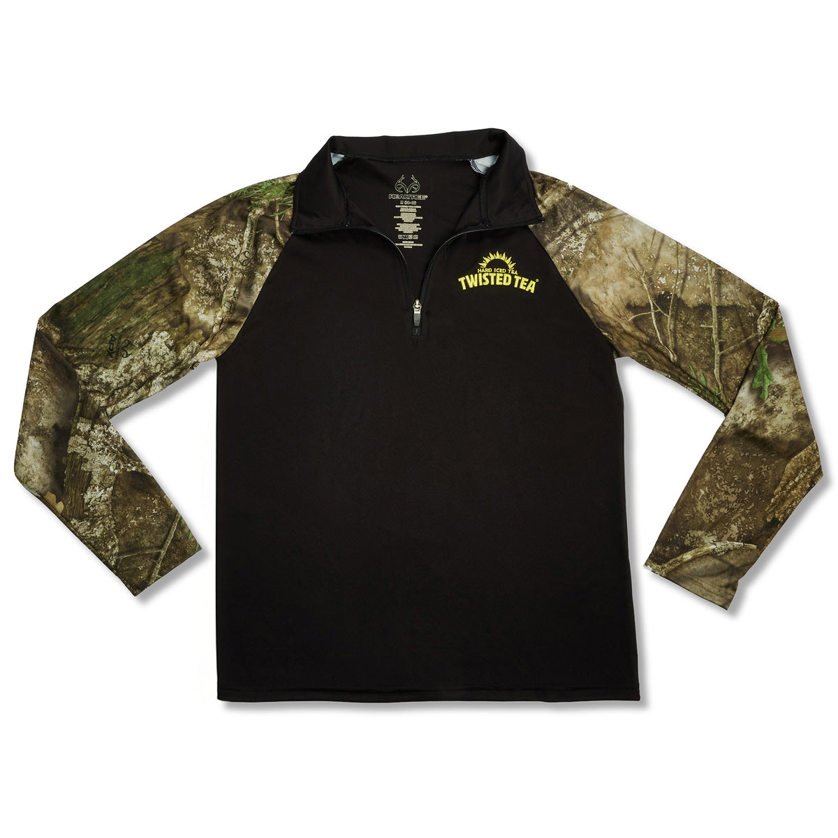 A long-sleeve quarter-zip pullover athletic shirt with a solid black body and a woodland camouflage pattern on the sleeves, featuring a yellow Twisted Tea logo on the left chest.