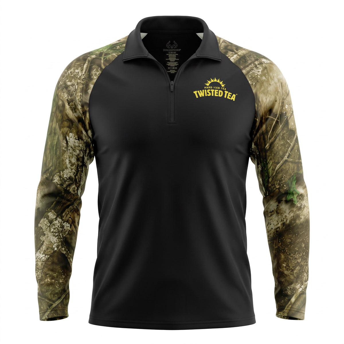 A men's long-sleeve quarter-zip pullover with a solid black body and a woodland camouflage pattern on the sleeves and collar. The left chest features a yellow printed logo that reads 'Twisted Tea' with a sun graphic above it.