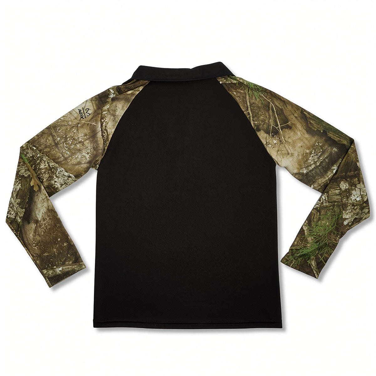 A long-sleeve athletic pullover shirt shown from the back, featuring a solid black back panel and camouflage-patterned sleeves in shades of brown, green, and beige.
