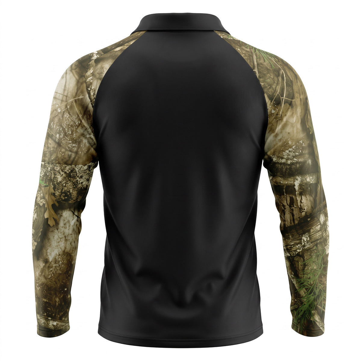 Back view of a long-sleeve athletic pullover shirt with a solid black body and camouflage sleeves in shades of brown, beige, and green, shown on a white background.