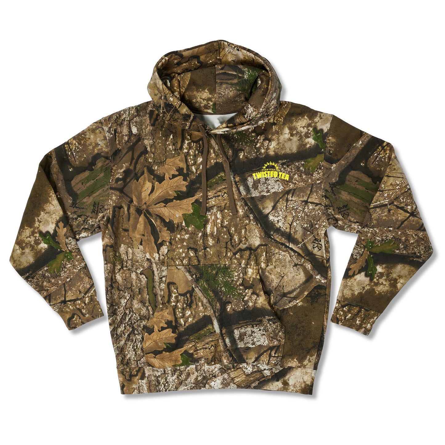 A long-sleeve pullover hoodie featuring an all-over woodland camouflage pattern with brown, beige, green, and black tones. A yellow  logo is printed on the left chest.