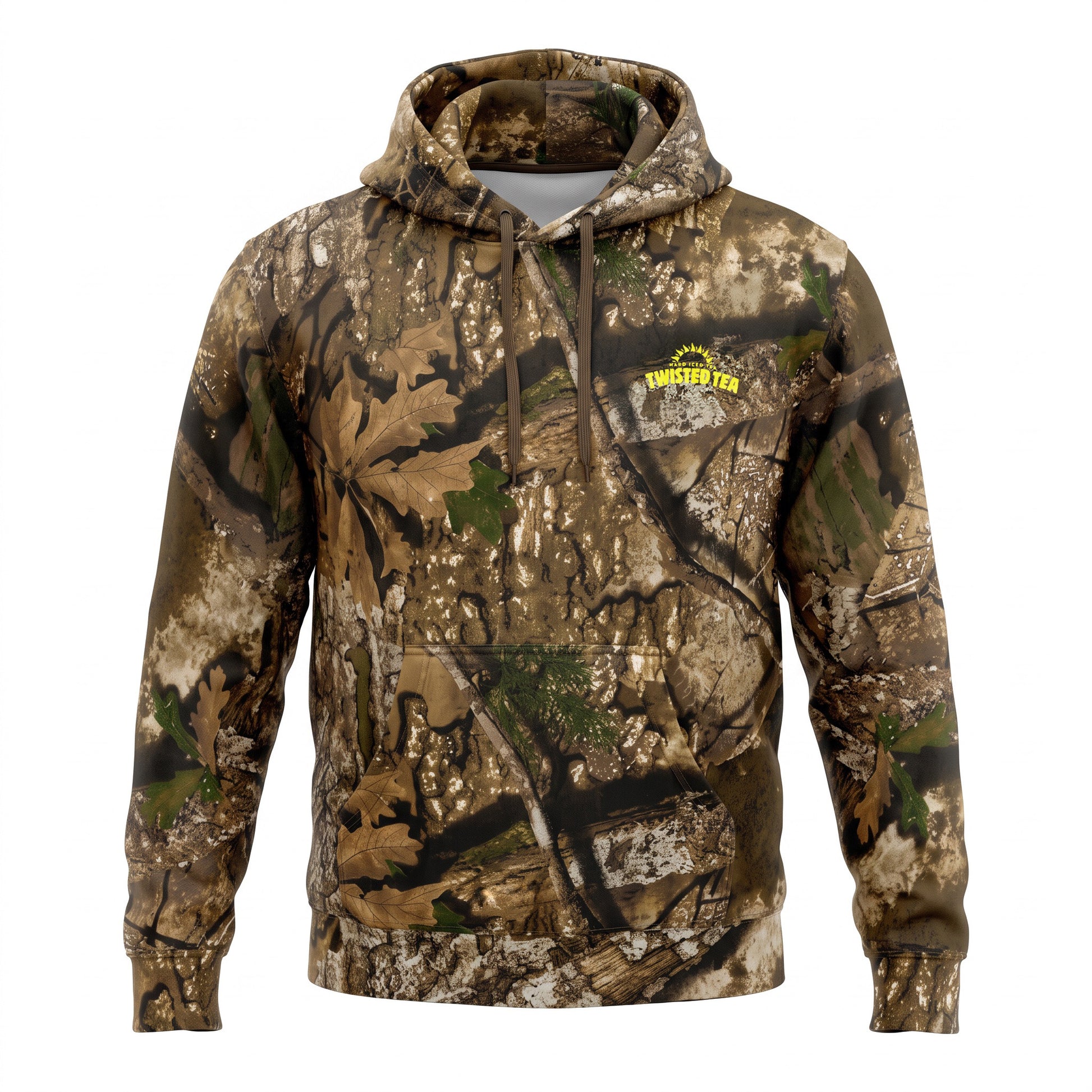 A camouflage pullover hoodie with a woodland tree-bark and leaf pattern, featuring a drawstring hood, kangaroo pocket, and a yellow logo on the left chest, shown on a plain white background.