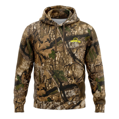 A camouflage pullover hoodie with a woodland tree-bark and leaf pattern, featuring a drawstring hood, kangaroo pocket, and a yellow logo on the left chest, shown on a plain white background.