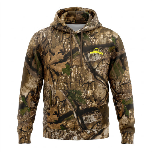 A camouflage pullover hoodie with a woodland tree-bark and leaf pattern, featuring a drawstring hood, kangaroo pocket, and a yellow logo on the left chest, shown on a plain white background.