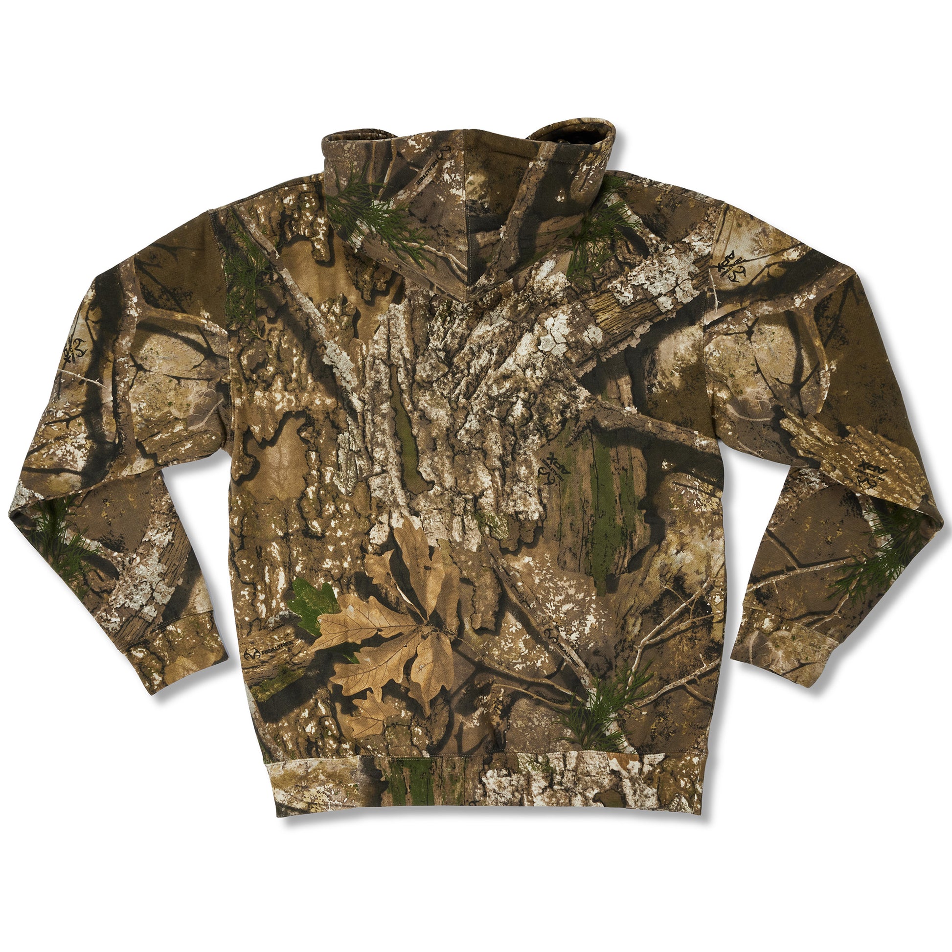 A long-sleeve mock-neck pullover sweatshirt featuring an all-over realistic tree bark and leaf camouflage pattern in shades of brown, beige, green, and gray, shown against a plain white background.
