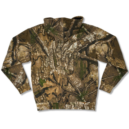 A long-sleeve mock-neck pullover sweatshirt featuring an all-over realistic tree bark and leaf camouflage pattern in shades of brown, beige, green, and gray, shown against a plain white background.