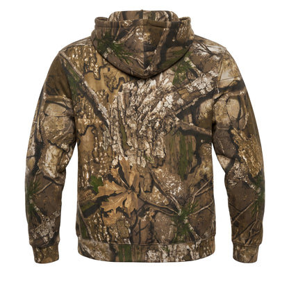 A hooded sweatshirt shown from the back, featuring an all-over realistic woodland camouflage pattern with bark, leaves, and branches in brown, beige, green, and gray tones, on a plain white background.