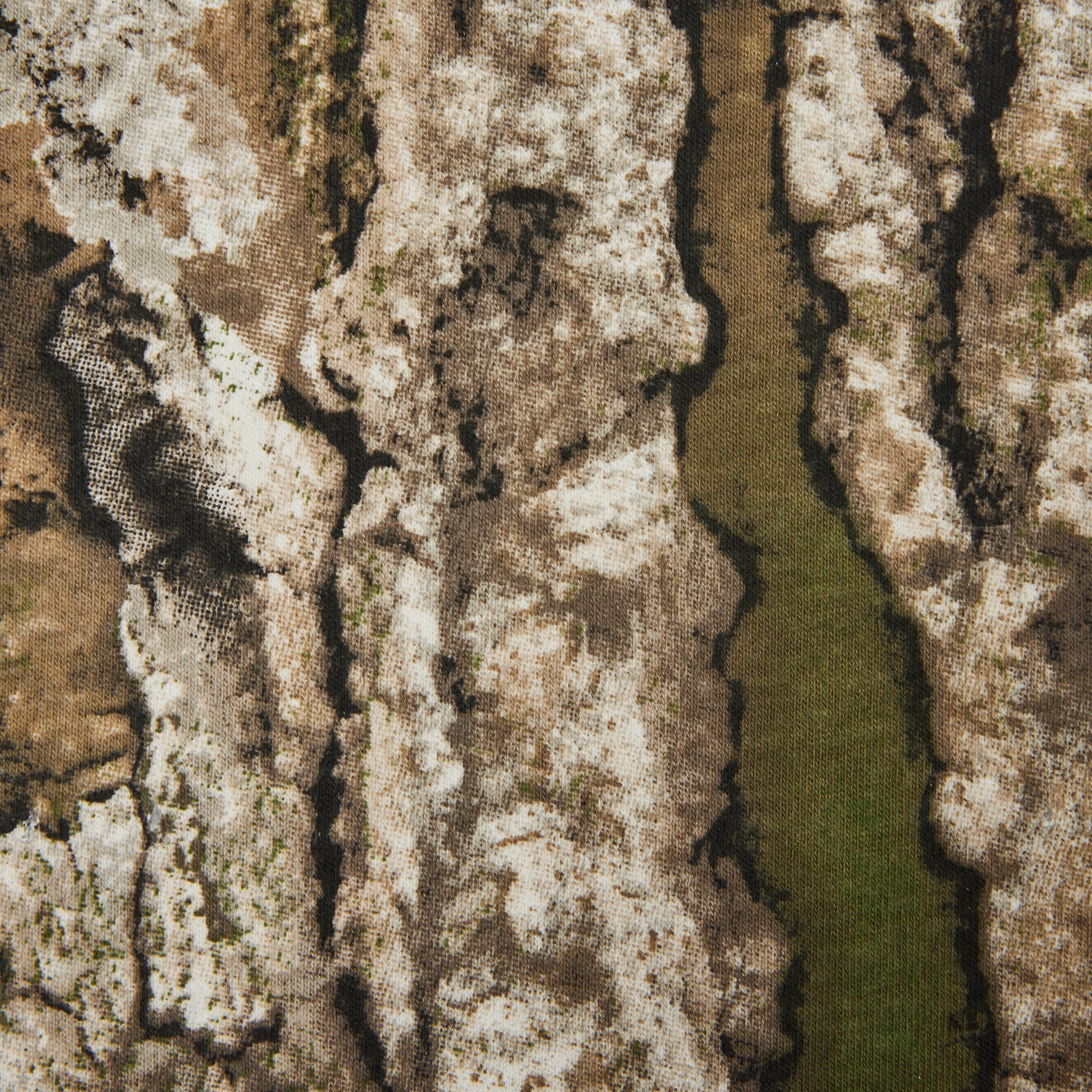 A close-up of a textured fabric pattern featuring a bark-like design in shades of brown, beige, gray, and a vertical olive-green stripe.