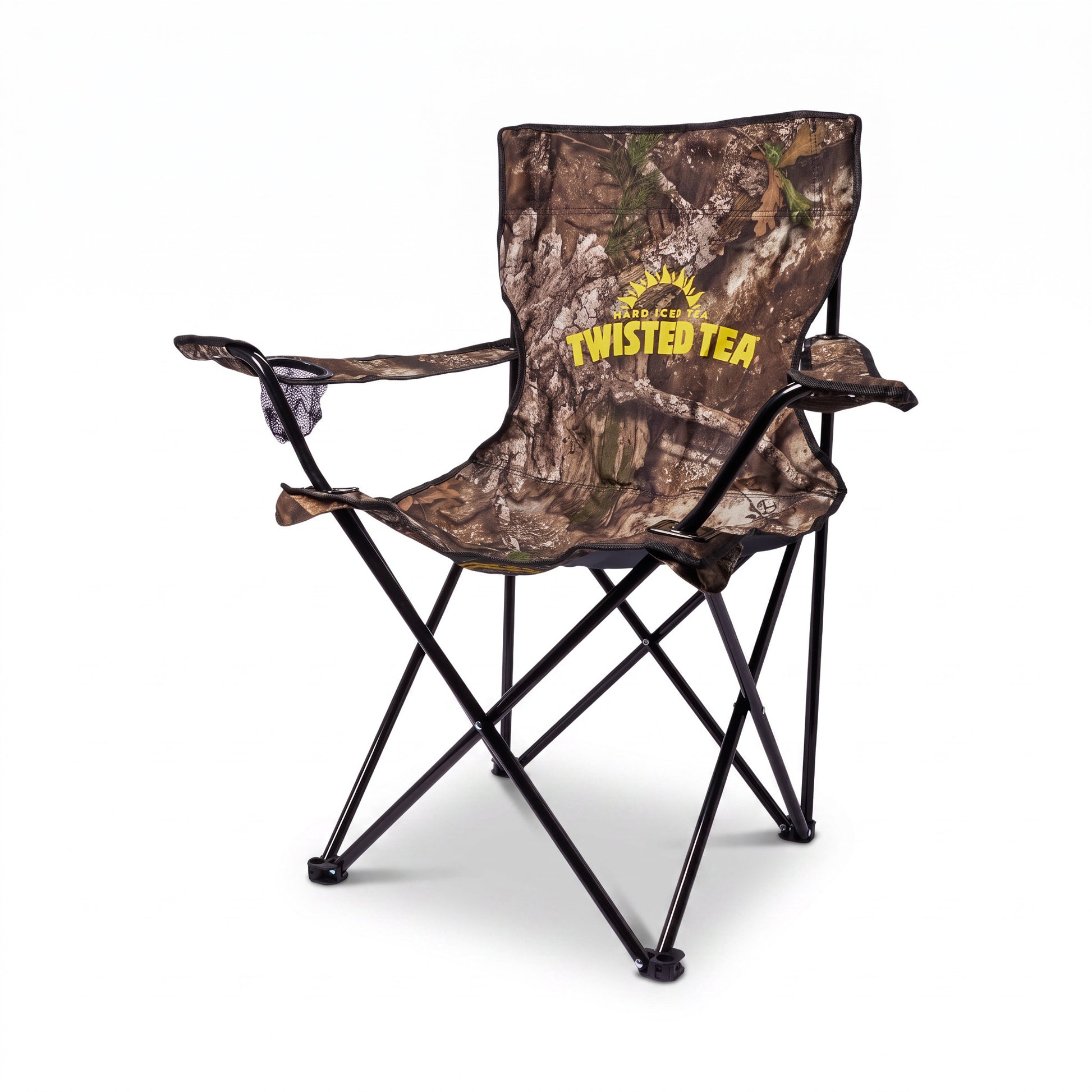 A folding camp chair with a brown and green woodland camouflage pattern, featuring a yellow 'Twisted Tea' logo printed on the backrest, set against a plain white background.