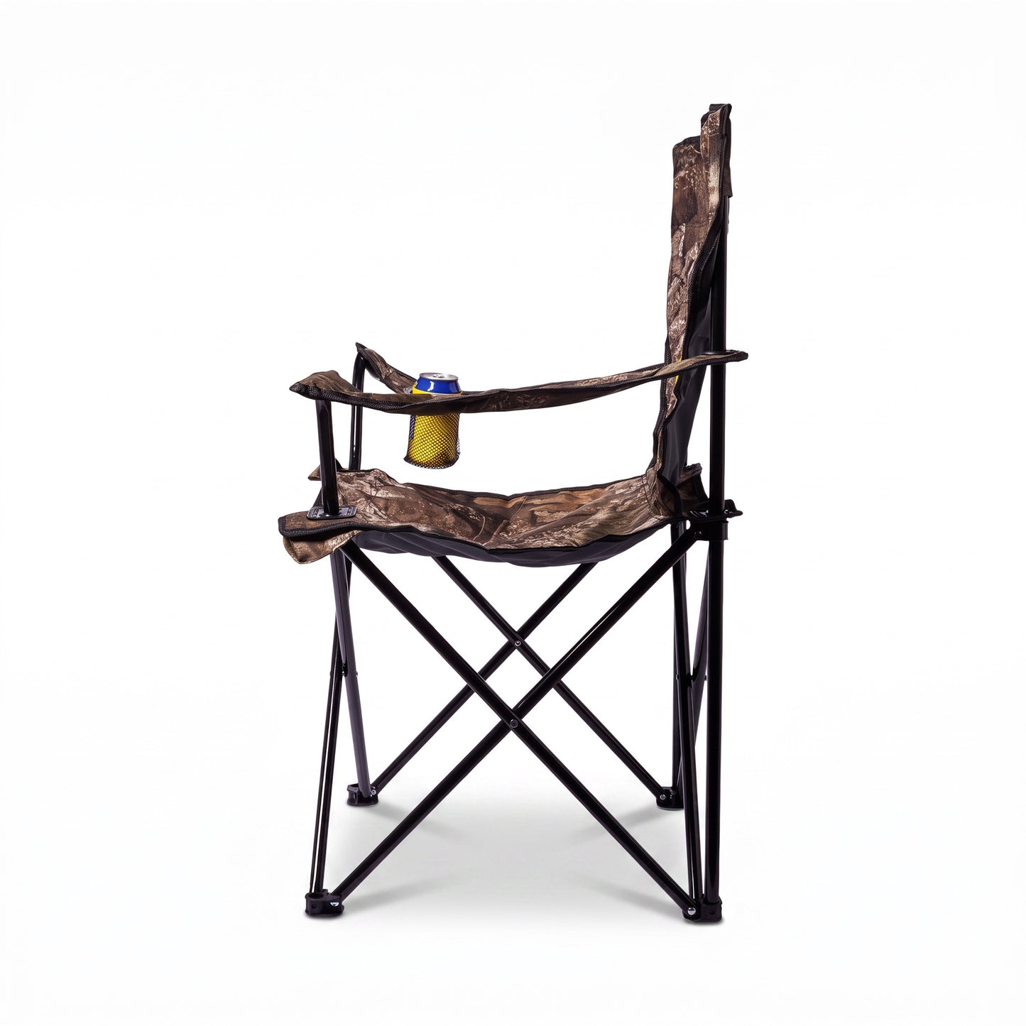 A folding camp chair with a brown and black camouflage pattern fabric sling seat and backrest, supported by a black metal frame. It features an integrated cup holder on the left armrest holding a yellow can, set against a plain white background.