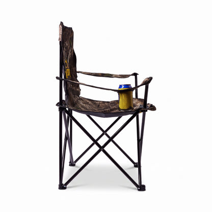 A folding camp chair with a camouflage pattern fabric and a black metal frame, featuring a side cup holder with a yellow can, set against a plain white background.