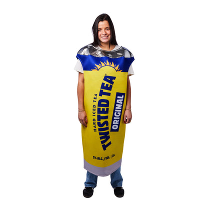 A woman modeling a Twisted Tea Original costume that resembles an oversized tea can, featuring a yellow body with blue and white branding, a blue and silver patterned top, and blue jeans underneath, set against a plain white background.