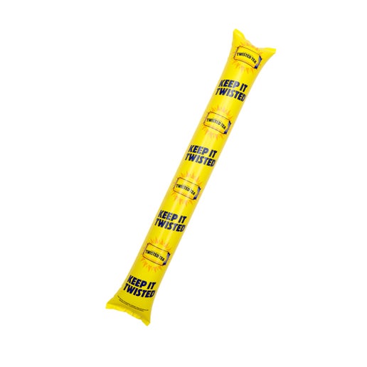 Yellow thunderstick with repeating imagery of a twisted tea can on a sun and writing "Keep it Twisted" in navy.